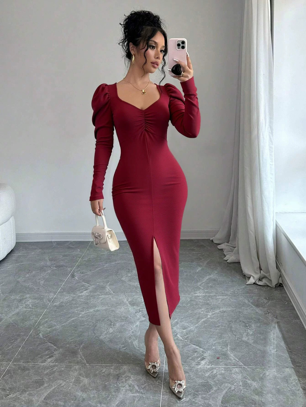 ZARA Vintage Wine Red Velvet Square Neck Puff Sleeve Bodycon Slit Maxi Dress